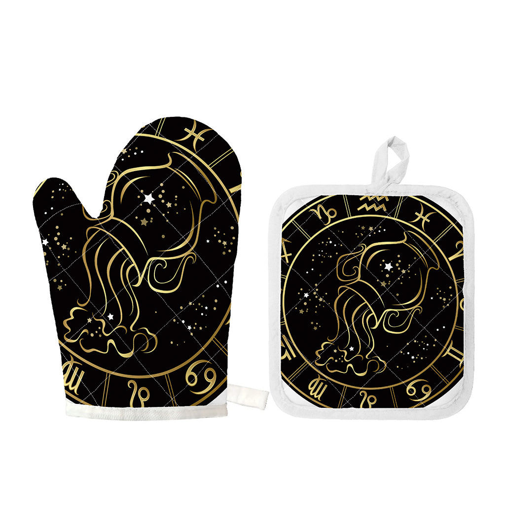 Gold And Black Aquarius Sign Print Oven Mitt And Pot Holder Set