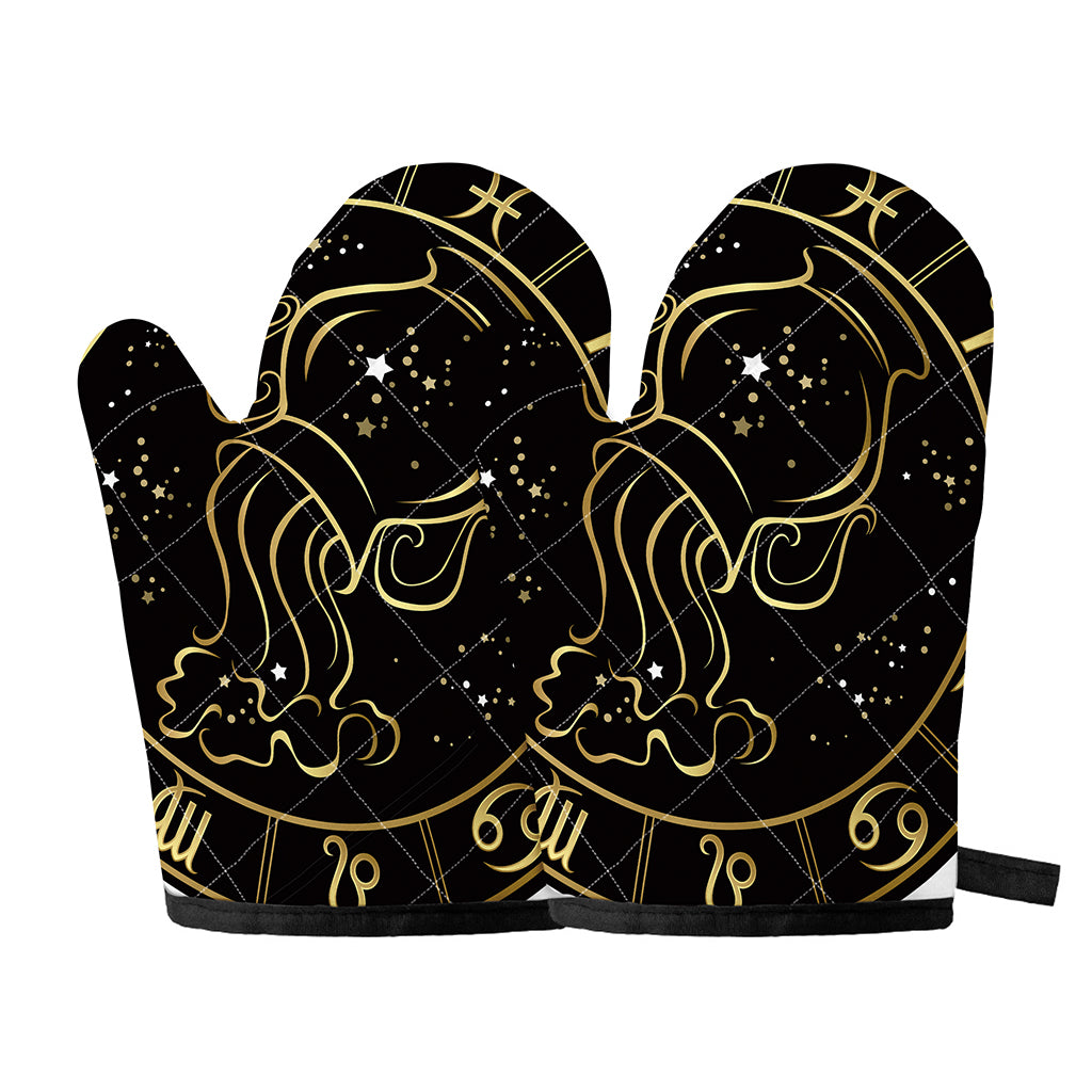 Gold And Black Aquarius Sign Print Oven Mitts