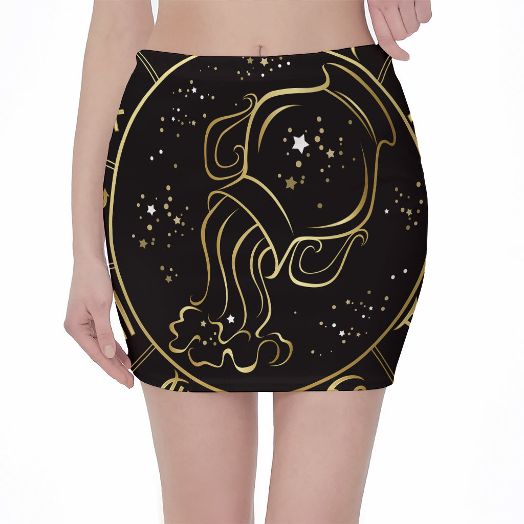 Gold And Black Aquarius Sign Print Pencil Mini Skirt