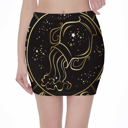 Gold And Black Aquarius Sign Print Pencil Mini Skirt