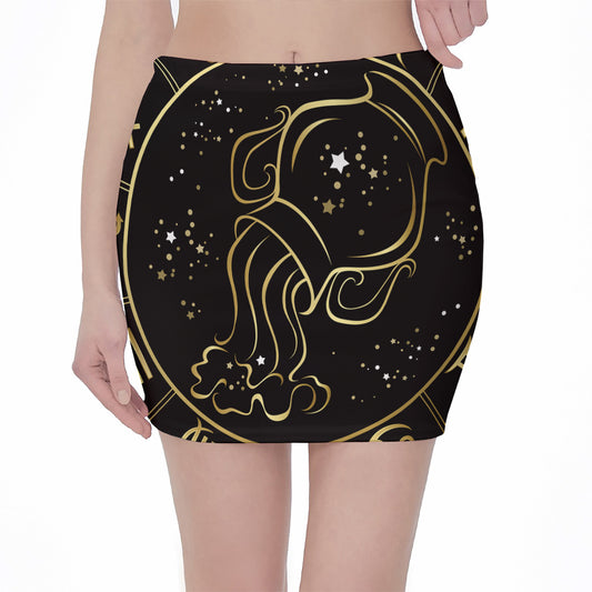 Gold And Black Aquarius Sign Print Pencil Mini Skirt