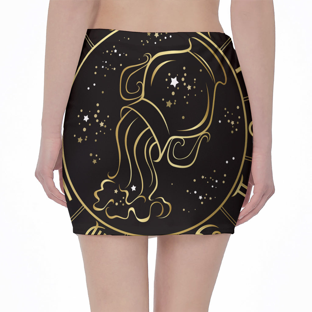 Gold And Black Aquarius Sign Print Pencil Mini Skirt