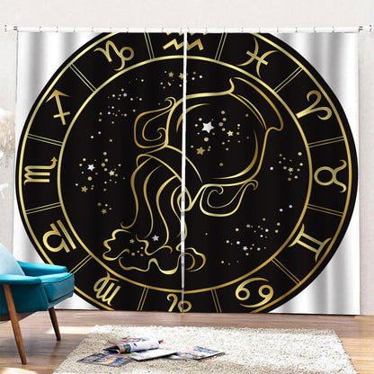 Gold And Black Aquarius Sign Print Pencil Pleat Curtains