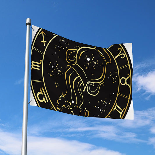 Gold And Black Aquarius Sign Print Polyester Flag