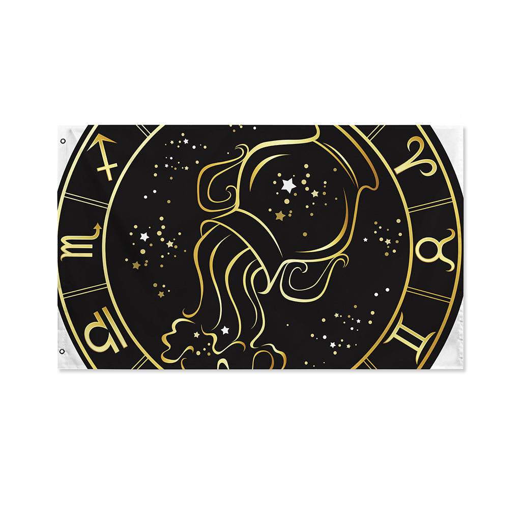 Gold And Black Aquarius Sign Print Polyester Flag