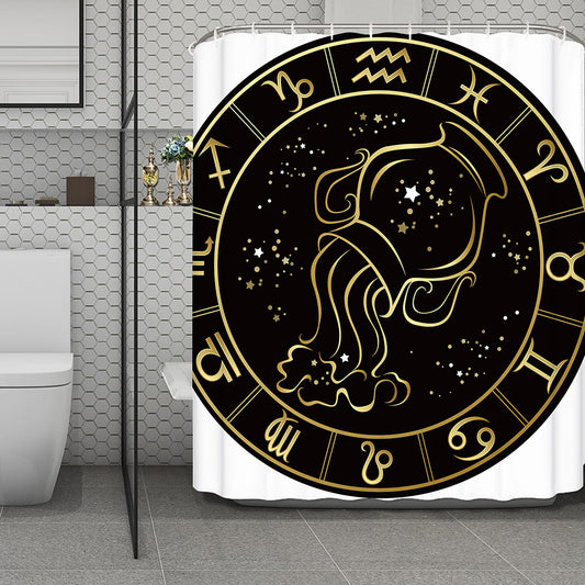 Gold And Black Aquarius Sign Print Polyester Shower Curtain