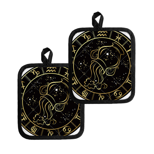 Gold And Black Aquarius Sign Print Pot Holders