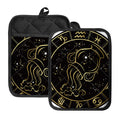 Gold And Black Aquarius Sign Print Pot Holders With Pocket