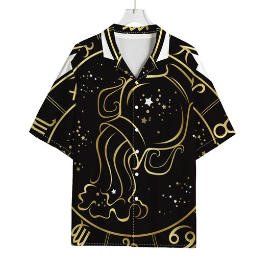 Gold And Black Aquarius Sign Print Rayon Hawaiian Shirt