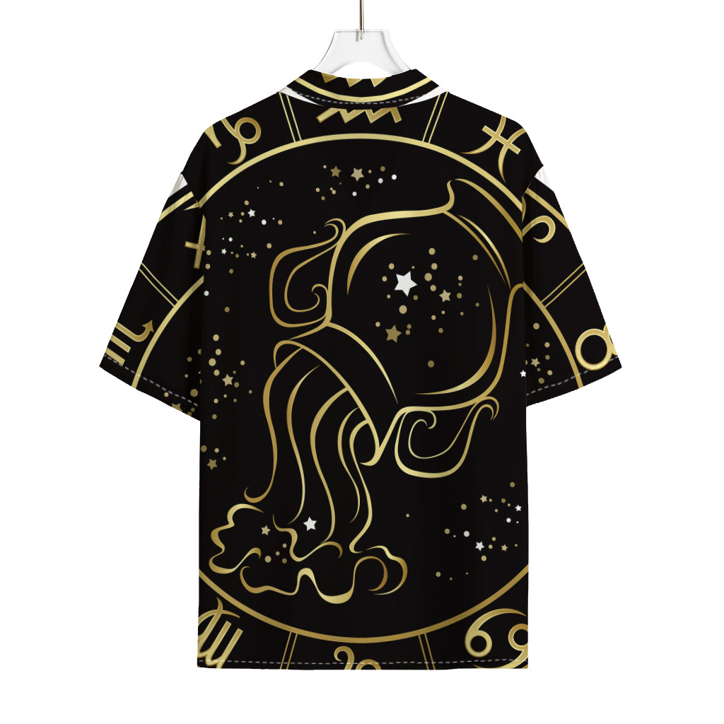 Gold And Black Aquarius Sign Print Rayon Hawaiian Shirt