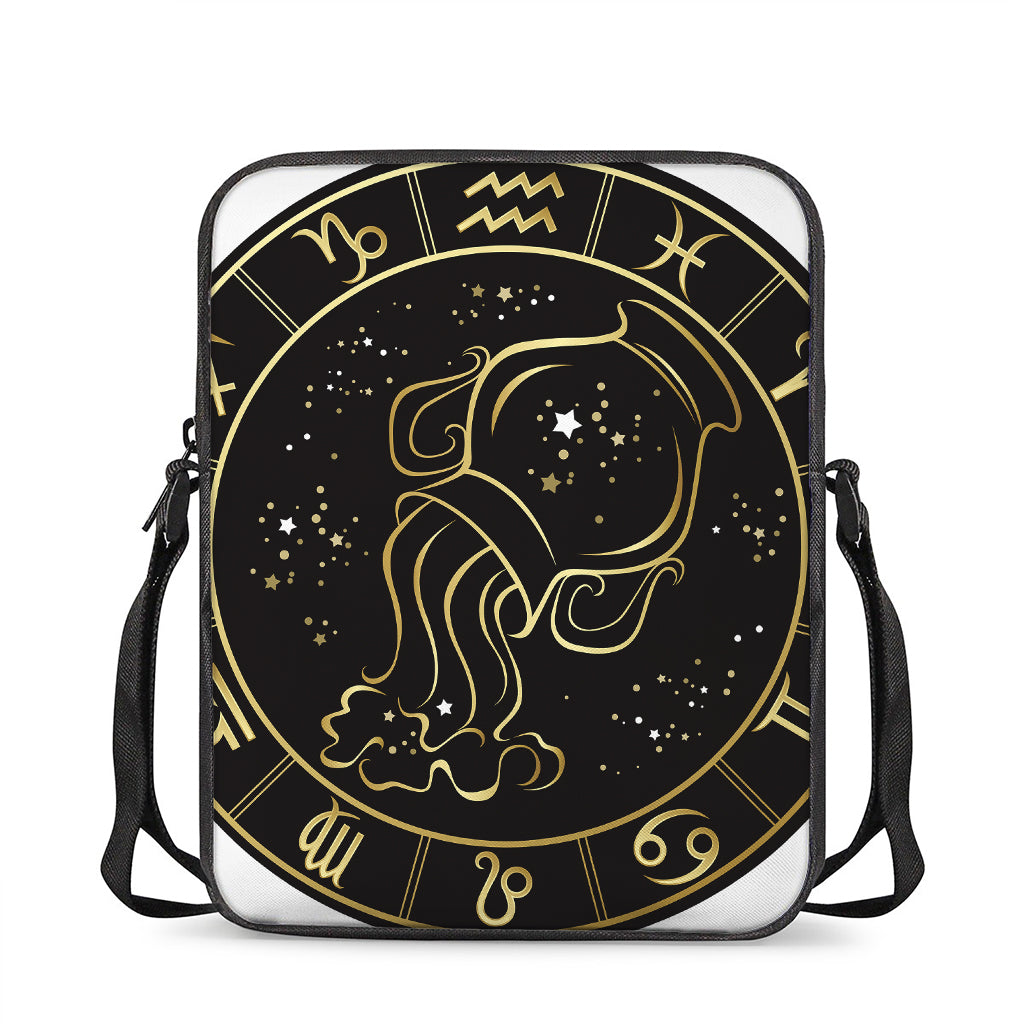 Gold And Black Aquarius Sign Print Rectangular Crossbody Bag