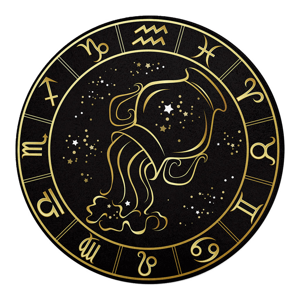 Gold And Black Aquarius Sign Print Round Blanket