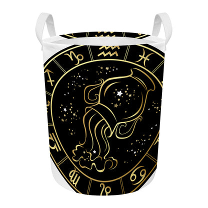 Gold And Black Aquarius Sign Print Round Laundry Basket