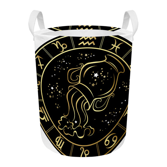 Gold And Black Aquarius Sign Print Round Laundry Basket
