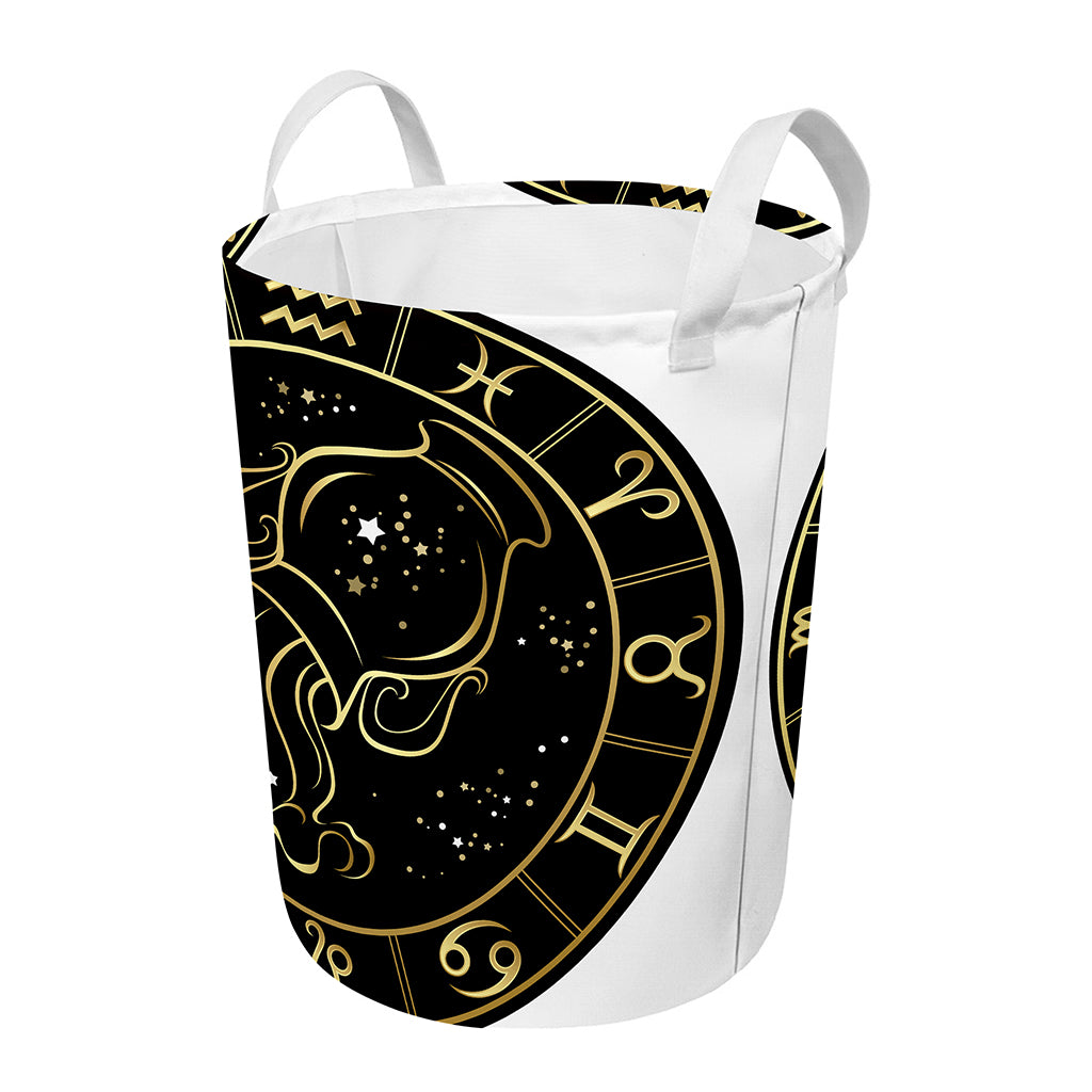 Gold And Black Aquarius Sign Print Round Laundry Basket