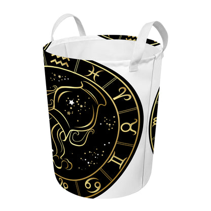 Gold And Black Aquarius Sign Print Round Laundry Basket