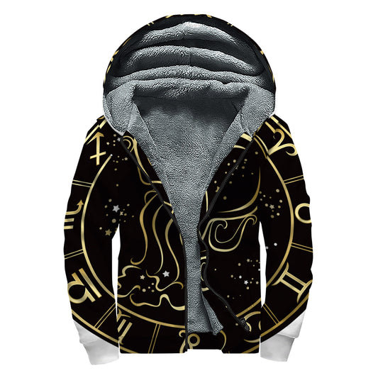 Gold And Black Aquarius Sign Print Sherpa Lined Zip Up Hoodie