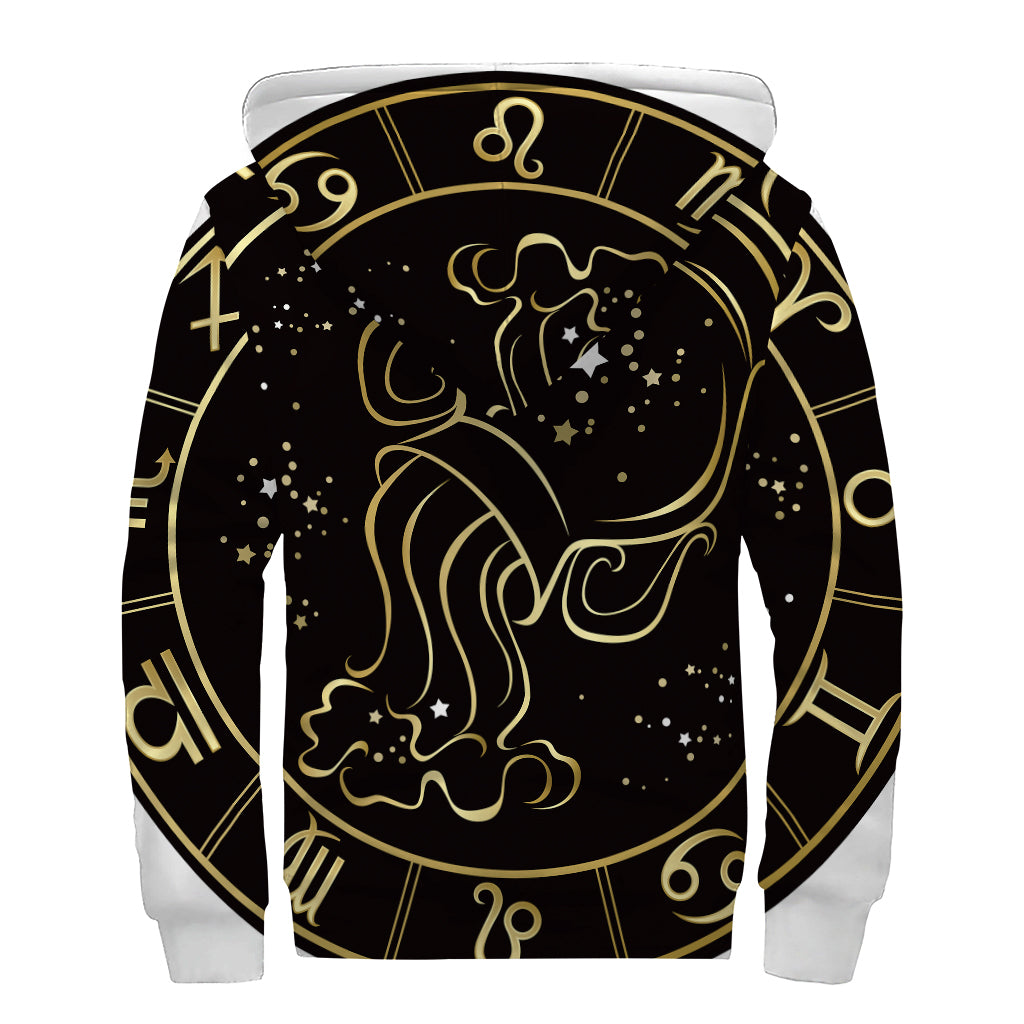 Gold And Black Aquarius Sign Print Sherpa Lined Zip Up Hoodie