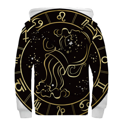 Gold And Black Aquarius Sign Print Sherpa Lined Zip Up Hoodie