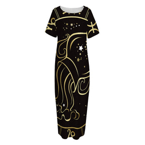 Gold And Black Aquarius Sign Print Short Sleeve Long Nightdress