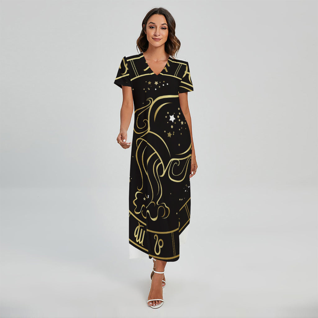 Gold And Black Aquarius Sign Print Short Sleeve Maxi Dress