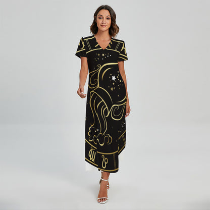 Gold And Black Aquarius Sign Print Short Sleeve Maxi Dress