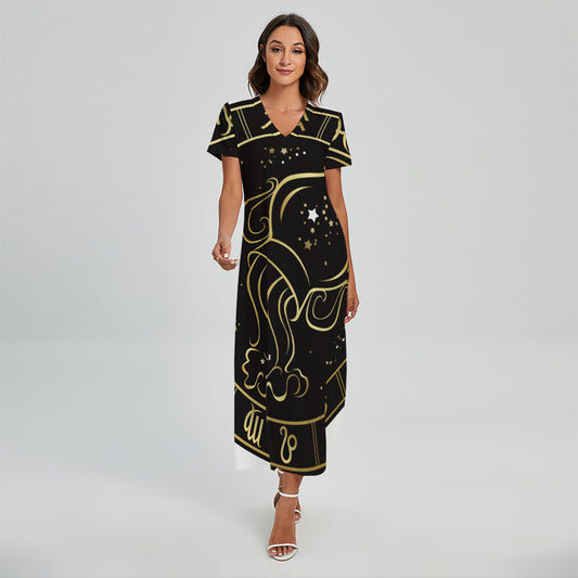 Gold And Black Aquarius Sign Print Short Sleeve Maxi Dress