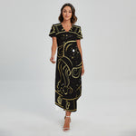Gold And Black Aquarius Sign Print Short Sleeve Maxi Dress