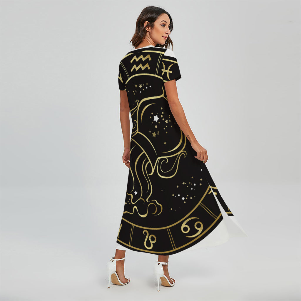 Gold And Black Aquarius Sign Print Short Sleeve Maxi Dress