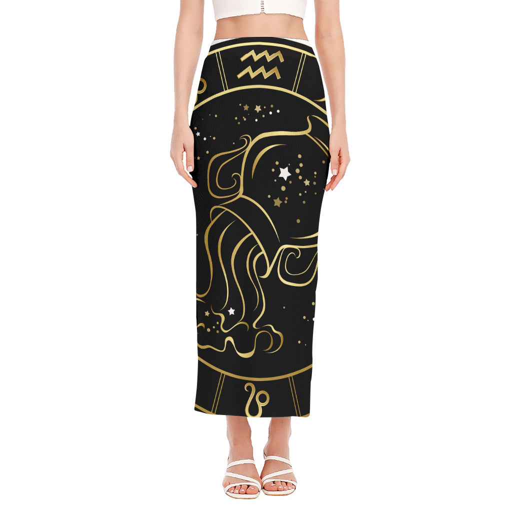 Gold And Black Aquarius Sign Print Side Slit Maxi Skirt