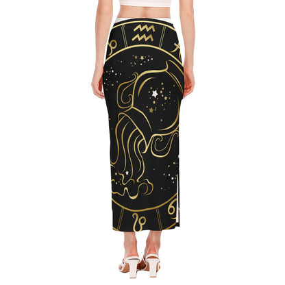 Gold And Black Aquarius Sign Print Side Slit Maxi Skirt