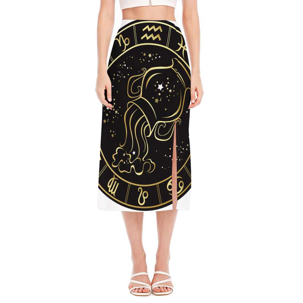 Gold And Black Aquarius Sign Print Side Slit Midi Skirt