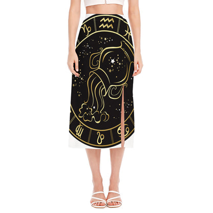 Gold And Black Aquarius Sign Print Side Slit Midi Skirt