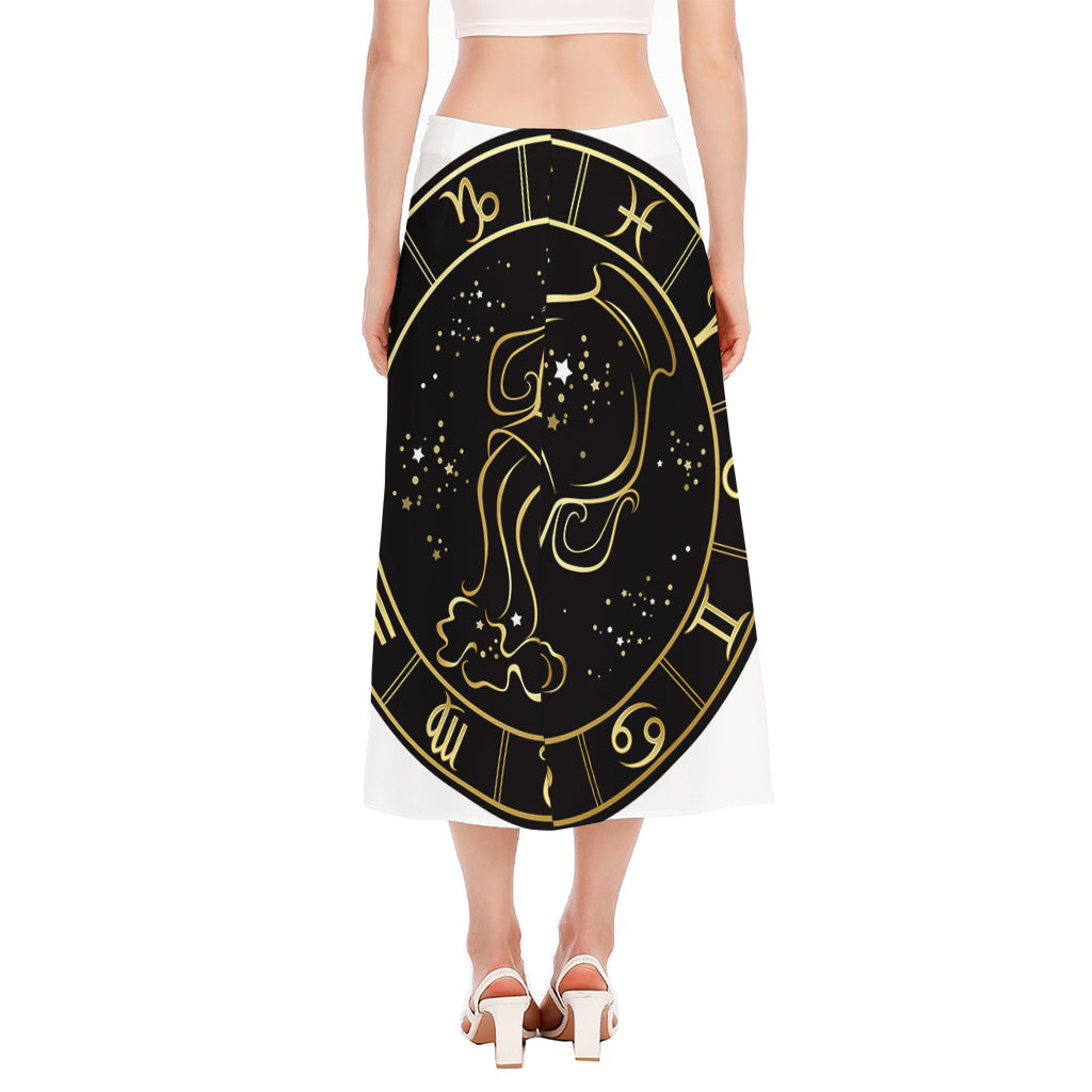 Gold And Black Aquarius Sign Print Side Slit Midi Skirt