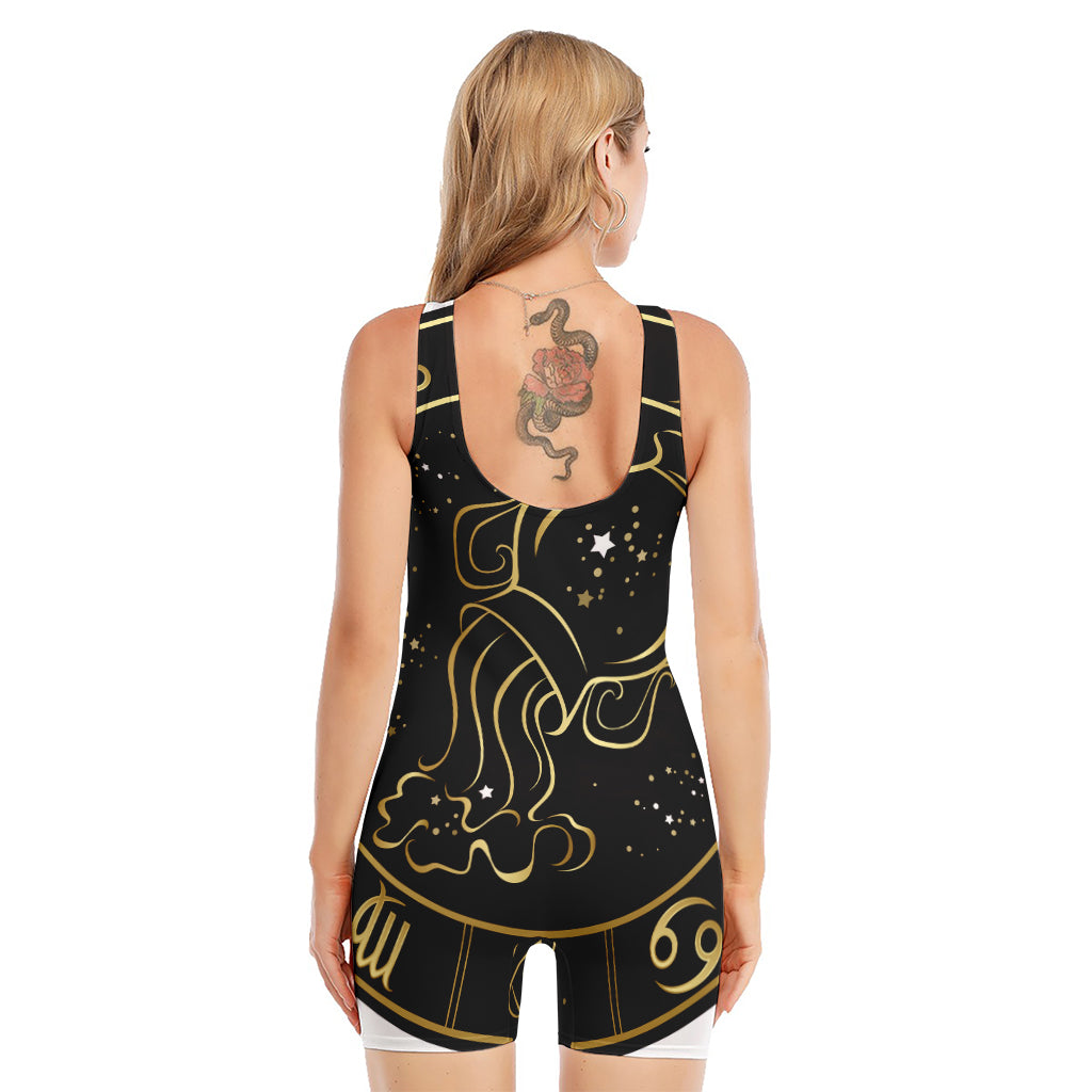 Gold And Black Aquarius Sign Print Sleeveless One Piece Swimsuit