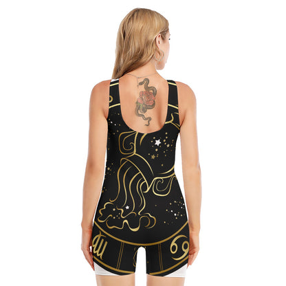 Gold And Black Aquarius Sign Print Sleeveless One Piece Swimsuit