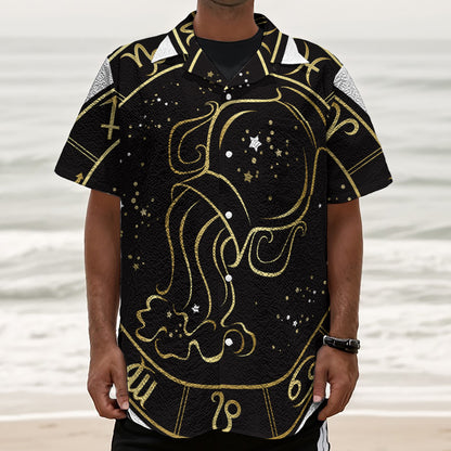 Gold And Black Aquarius Sign Print Textured Short Sleeve Shirt