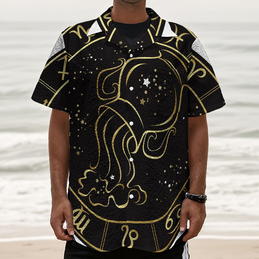 Gold And Black Aquarius Sign Print Textured Short Sleeve Shirt