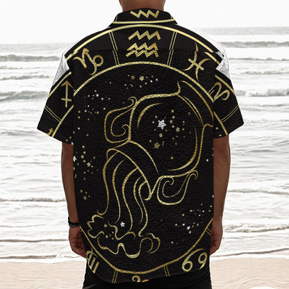 Gold And Black Aquarius Sign Print Textured Short Sleeve Shirt
