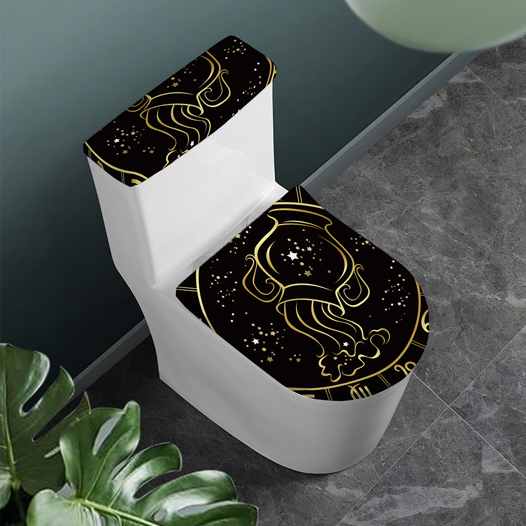 Gold And Black Aquarius Sign Print Toilet Lid And Tank Cover Set