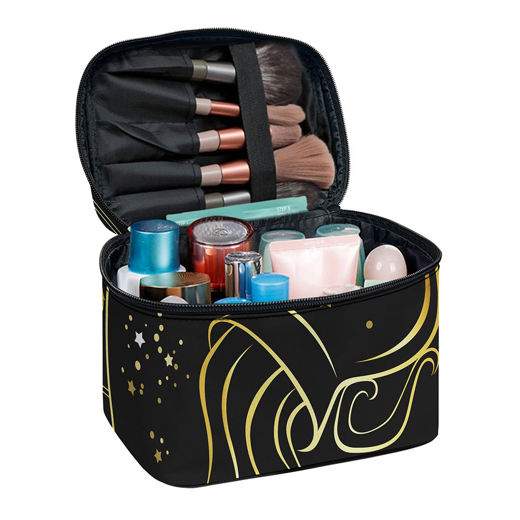 Gold And Black Aquarius Sign Print Travel Makeup Bag