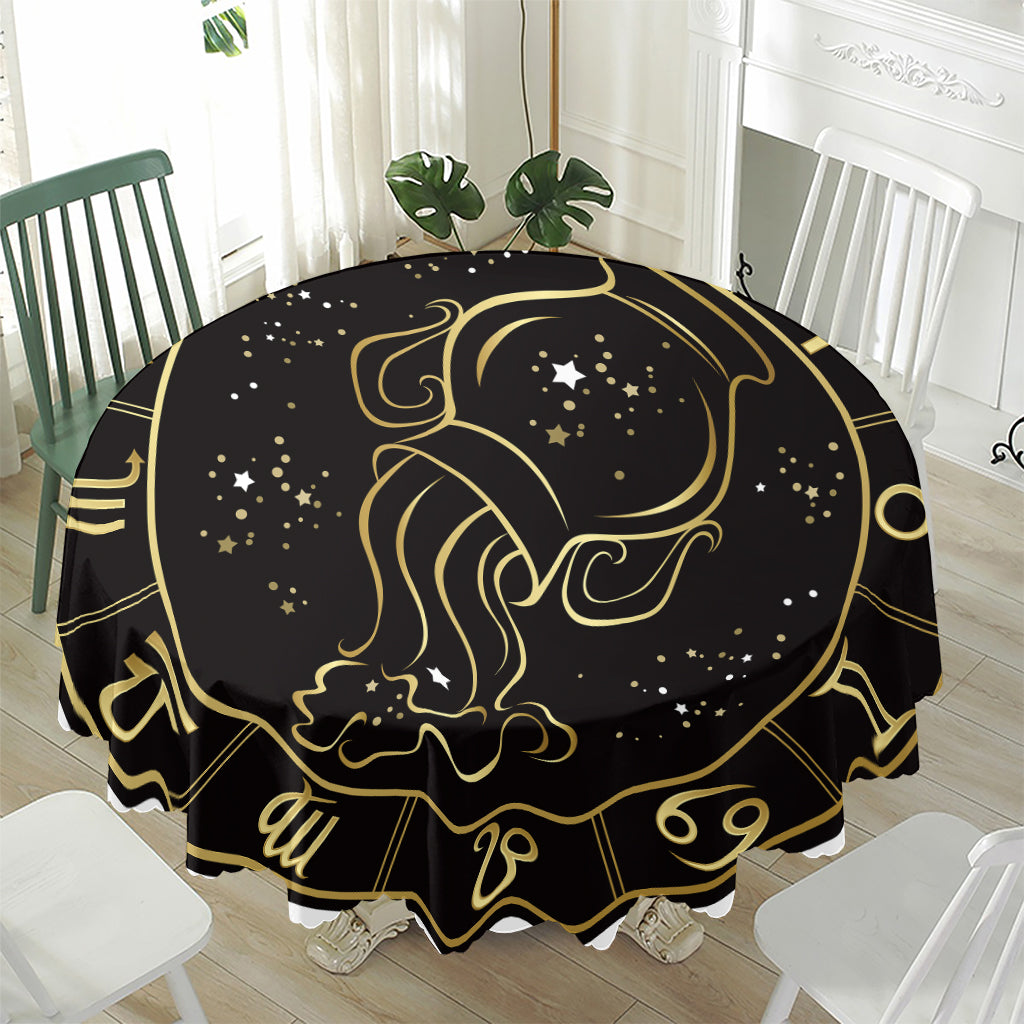 Gold And Black Aquarius Sign Print Waterproof Round Tablecloth