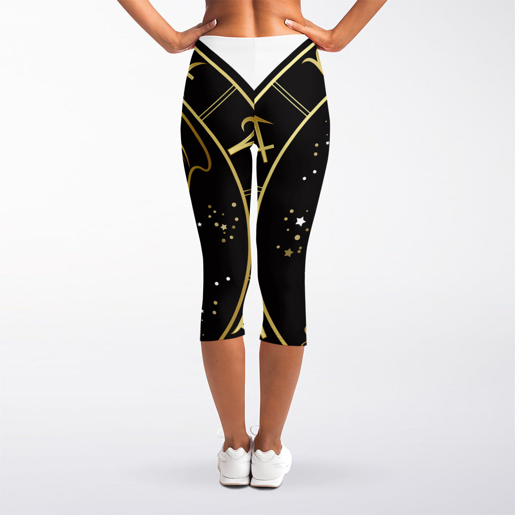 Gold And Black Aquarius Sign Print Women's Capri Leggings
