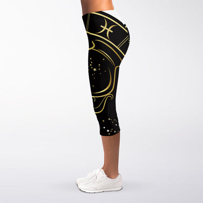 Gold And Black Aquarius Sign Print Women's Capri Leggings