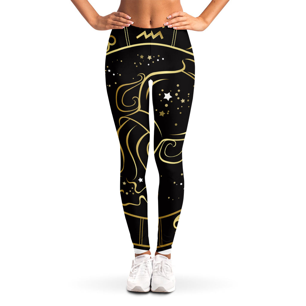 Gold And Black Aquarius Sign Print Women's Leggings