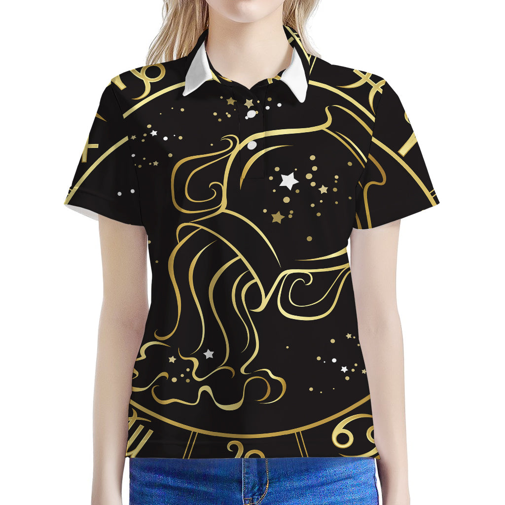 Gold And Black Aquarius Sign Print Women's Polo Shirt