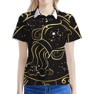 Gold And Black Aquarius Sign Print Women's Polo Shirt