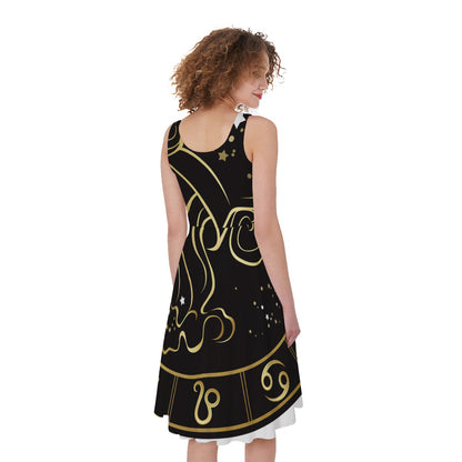 Gold And Black Aquarius Sign Print Women's Sleeveless Dress