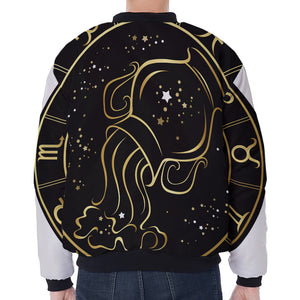 Gold And Black Aquarius Sign Print Zip Sleeve Bomber Jacket