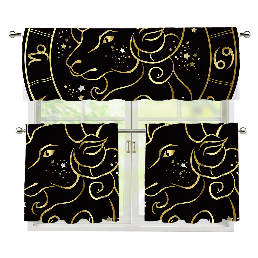Gold And Black Aries Sign Print 3 Piece Kitchen Curtains